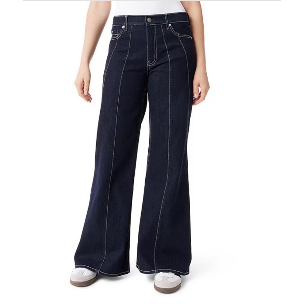 Frayed Jeans Womens High Rise Wide Leg Seam Front Contrast Stitch Indigo Blue 6